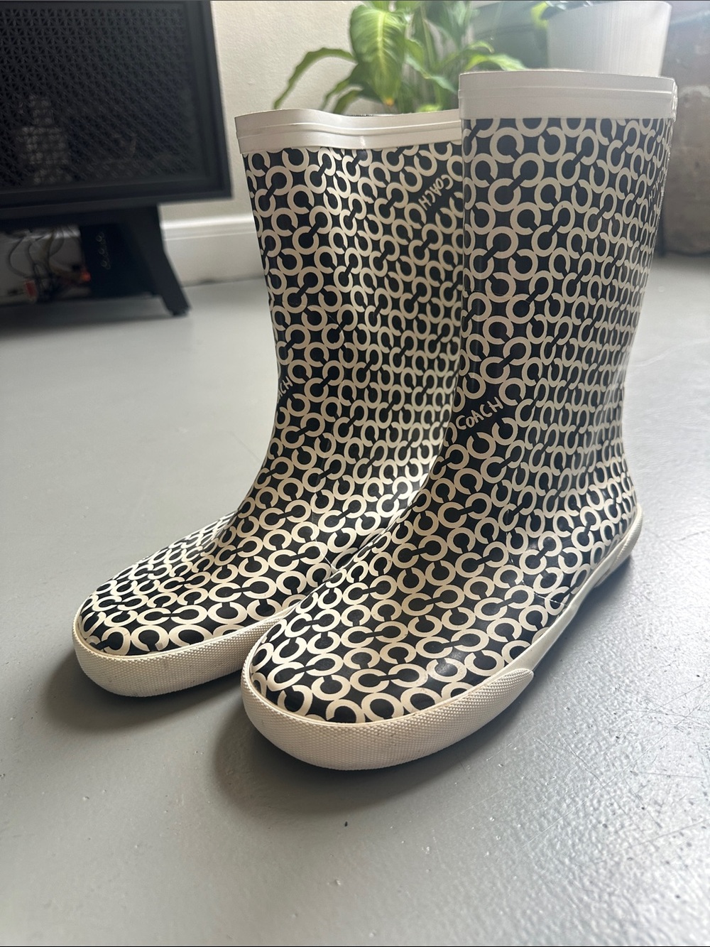 Coach Black & White Signature Pattern Rain Boots